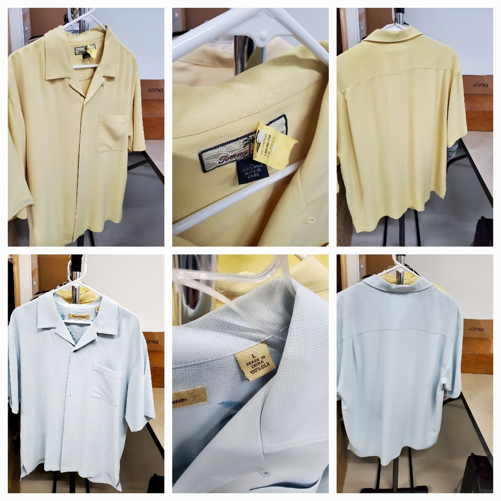 Two (2) Tommy Bahama Men's Large solid silk shirts yellow, light blue.